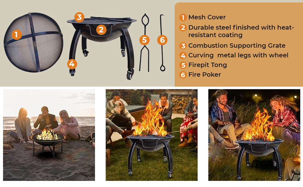 BKR® Premium Quality Round Firepit with Skewers for Barbecuing Outdoor 58 x 58 x 33 cm, 18.5kg weight without Wheel High- Temperature Powder Coated and Rust Free Material with 5years Warranty| HM0634 detail 3