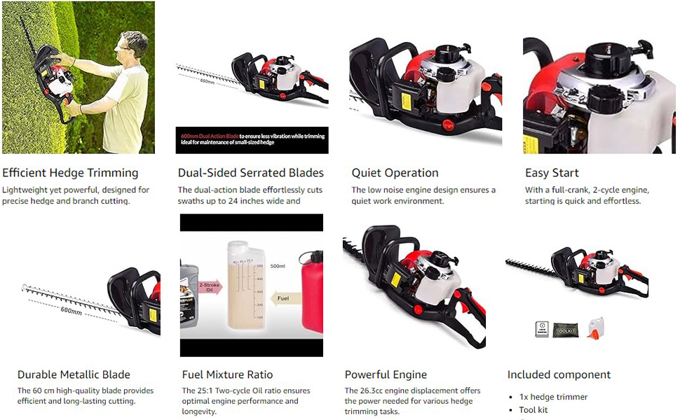 BKR® Petrol Hedge Trimmer HT260B with 26.3cc Power, 2 Stroke Engine | 24inch Cutting Lenght | Dual Action Blade Cut The Grasses Nicely, 3 Stages twistable Handle with 6 Months Manufacture Warranty- LG0550 detail 3