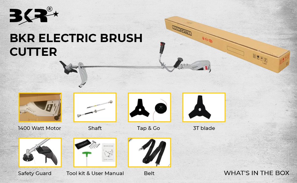 BKR® BC-1400 1400W Electric Brush Cutter with Bike Handle, 380mm Cutting Width, Heavy-Duty Copper Winding Motor, 1ft Wire Length, 6-Month Manufacturer Warranty LG0573 detail 3