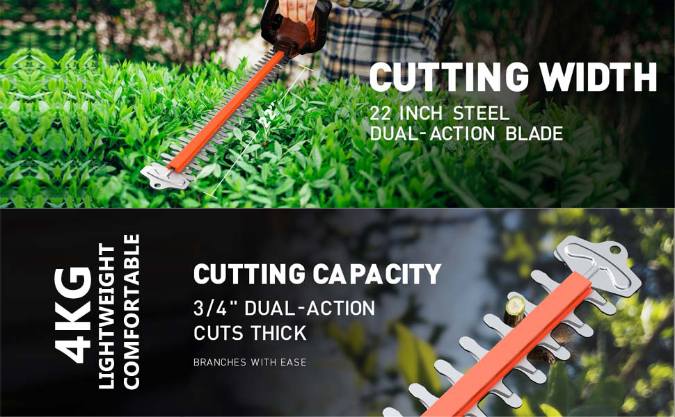 BKR Cordless Hedge Trimmer, 40V Electric Hedge Trimmers with 22-Inch Dual Action Blades, 3/4" Cutting Capacity, 2.0Ah Battery- LG1072 detail 3