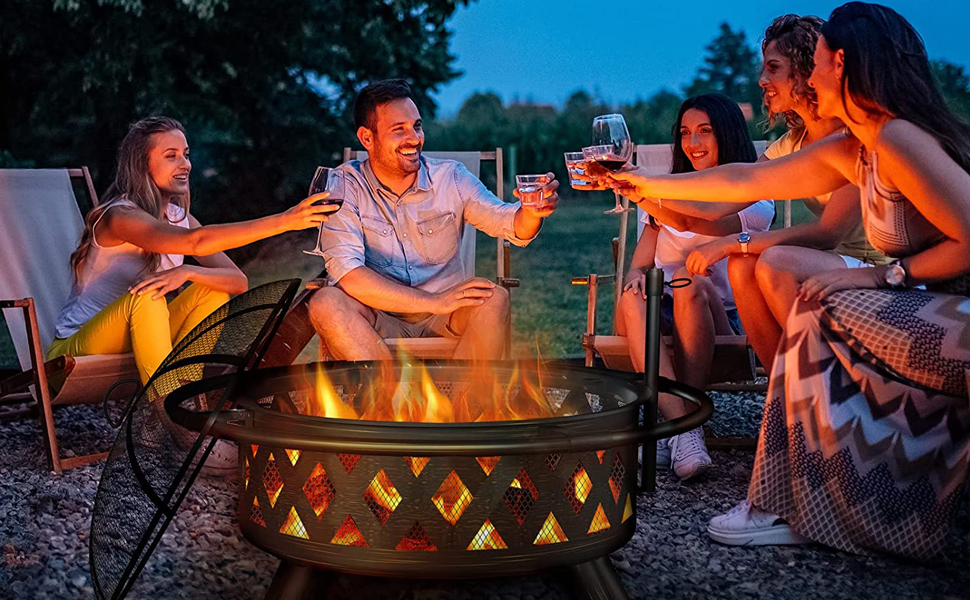 BKR® Premium Quality Round Metal Firepit + barbeque grill for Outdoor Ambiance, Rust free and Durable | 95 x 95 x70 cm Size (39in), 24Kgs | with protected screen cover | High Temperature - Sand Blasted Metal with 5 years Warranty | LG0938 detail 1