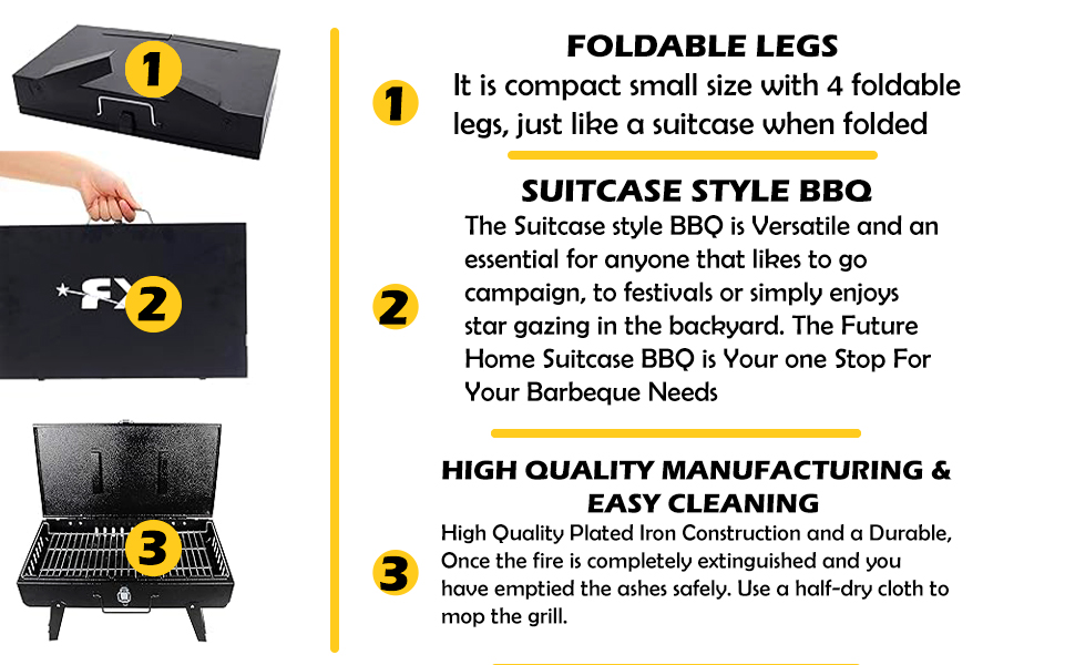 BKR® Iron Suitcase Charcoal Barbeque (BBQ) Grill with 8pcs Skewers Set for Home, Garden or Outdoor Places (Stellar Black) | High Temperature Sand Blasting Metal Finish HM0601 detail 2