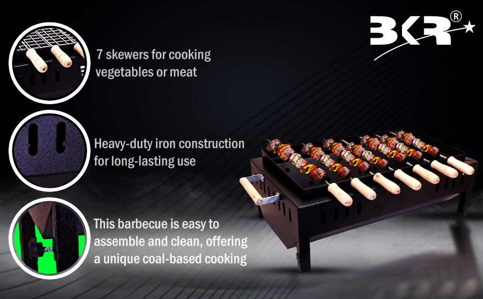 BKR® Terrace Garden Picnic Barbeque (BBQ) with 7 Skewers with Wooden Handle & 1 Metal Grill (Black) | Sand Blasting coating metal finish, Long Lasting & Durable HM0602 detail 3