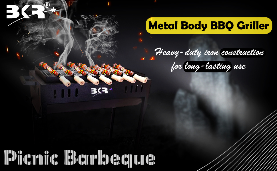 BKR® Terrace Garden Picnic Barbeque (BBQ) with 7 Skewers with Wooden Handle & 1 Metal Grill (Black) | Sand Blasting coating metal finish, Long Lasting & Durable HM0602 detail 1