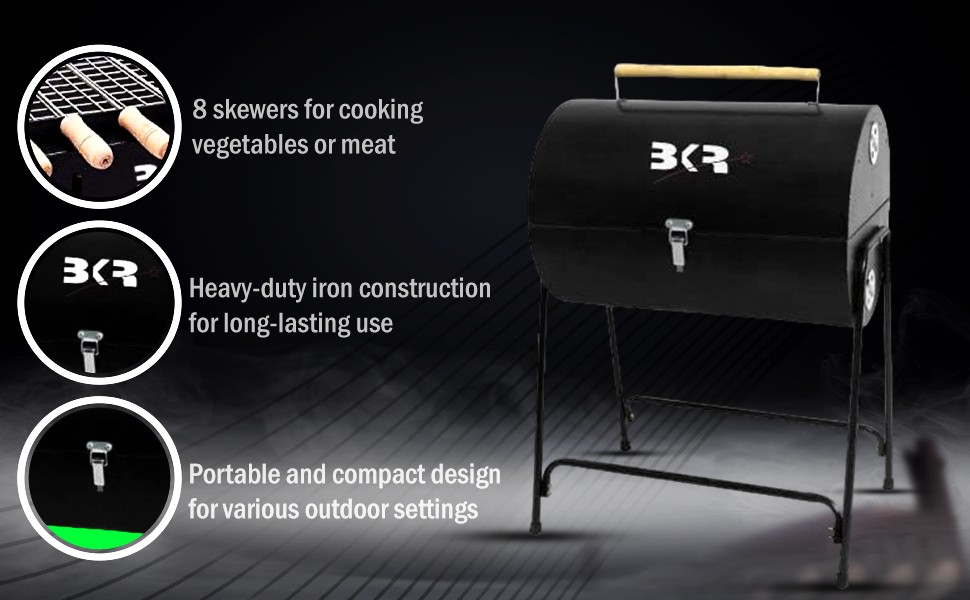 BKR Charcoal Barbeque (BBQ) Grill with 8 Skewers, Gloves, Tong & Charcoal Tray | High Temperature Sand Blasting Finish LG0939 detail 3