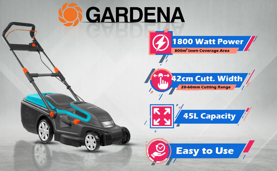 Gardena (5042-20) PowerMax 1800/42 Electric Lawn Mower - Powerful 1800W Mower for Large Lawns up to 800 m², 42 cm Cutting Width, 45L Grass Box, Ergonomic Handle| 25m extension wire FREE | LG1085 detail 2