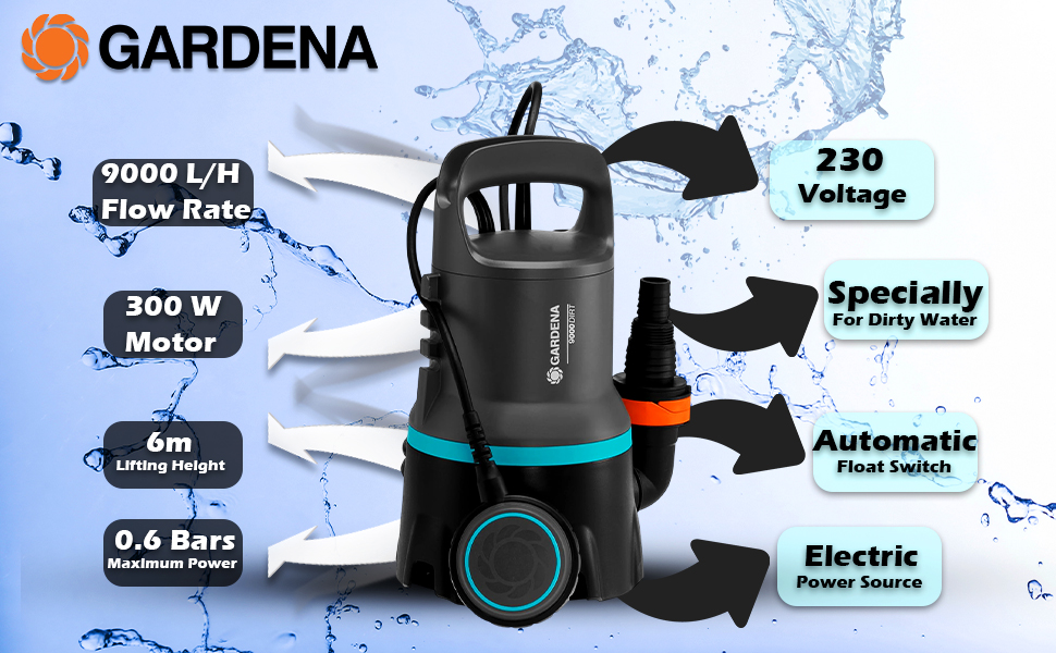 Gardena 9040-20 Submersible Dirty Water Pump 9000 | 9000 L/h Flow Rate | Floating Switch & Automatic Function | Handles Dirt Particles Up to 25 mm | Quick Coupling System – LG1086 detail 2