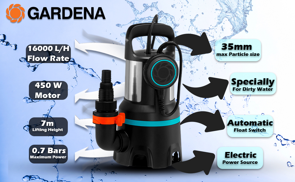 Gardena (9042-20) Submersible Dirty Water Pump 16000 - High-Performance 450W Pump with 16,000 L/h Flow Rate, Floating Switch & Quick Coupling System | LG1087 detail 2