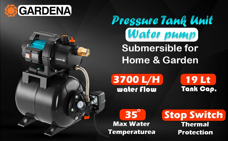 GARDENA (9023-20) Pressure Tank Unit 3700/4 - 800W Water Pump, 3700 L/h, Submersible | Efficient Water Supply Solution for Home & Garden | LG1088 detail 1