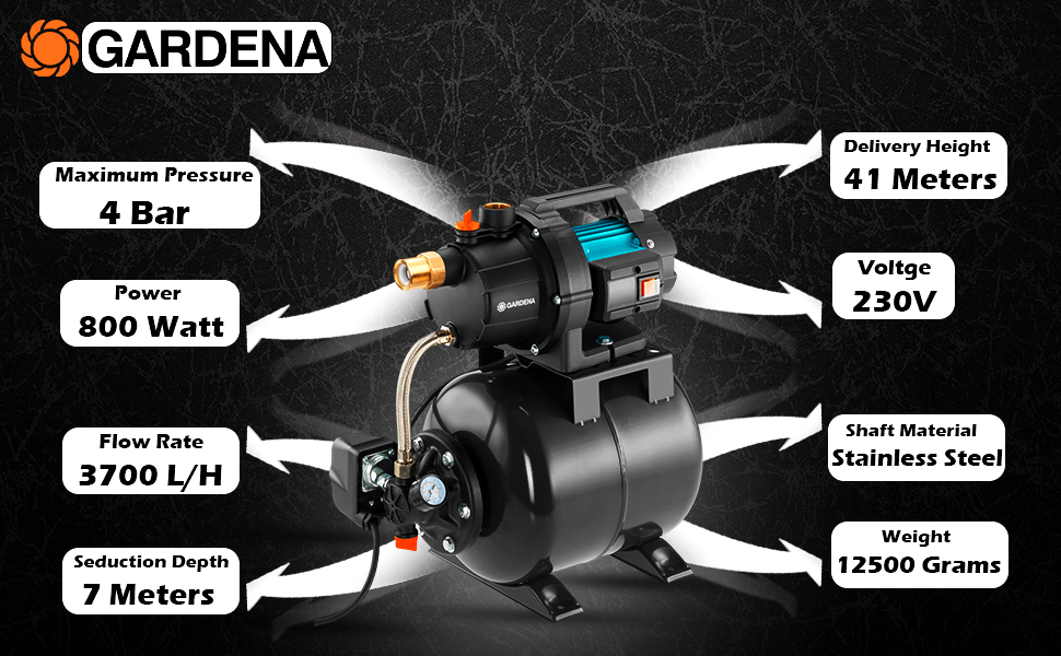 GARDENA (9023-20) Pressure Tank Unit 3700/4 - 800W Water Pump, 3700 L/h, Submersible | Efficient Water Supply Solution for Home & Garden | LG1088 detail 2