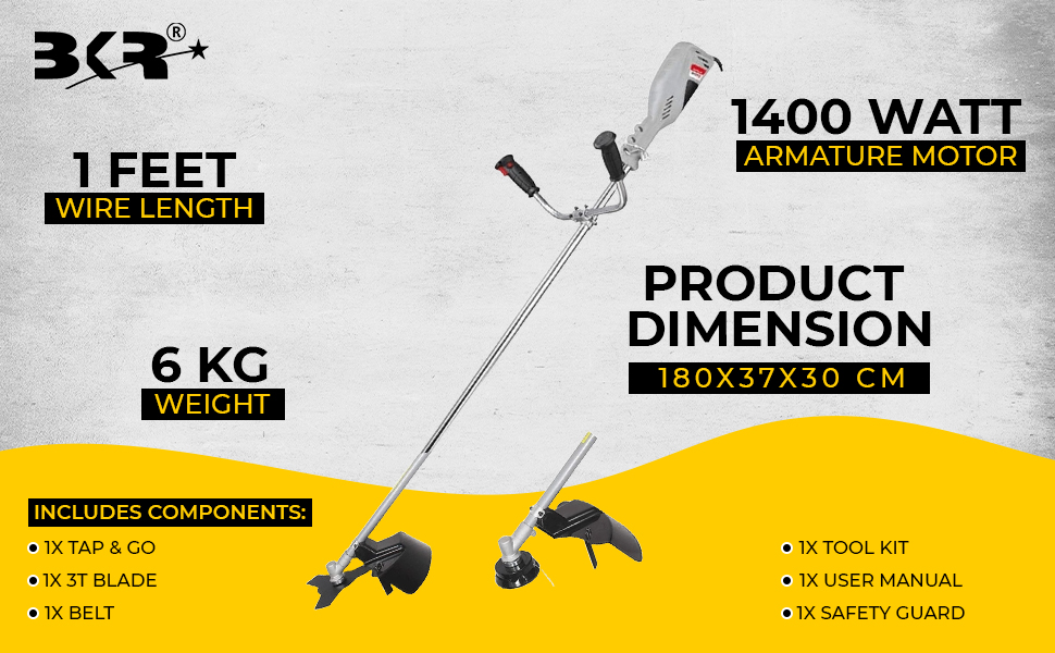 BKR® BC-1400 1400W Electric Brush Cutter with Bike Handle, 380mm Cutting Width, Heavy-Duty Copper Winding Motor, 1ft Wire Length, 6-Month Manufacturer Warranty LG0573 detail 2