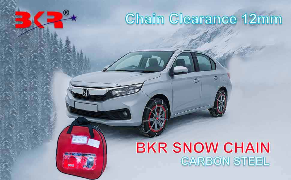 BKR Snow Chain 1 pair (2pc in each pair) Carbon Steel 12mm for Altroz, Swift, Dzire, Etios, Ritz, I10, Celerio, Wagon R also for 13" 14" & 15" Tyres- FREE 2 bungee ropes with 1 pair of gloves for extra grip! CA0076/KN60 detail 1
