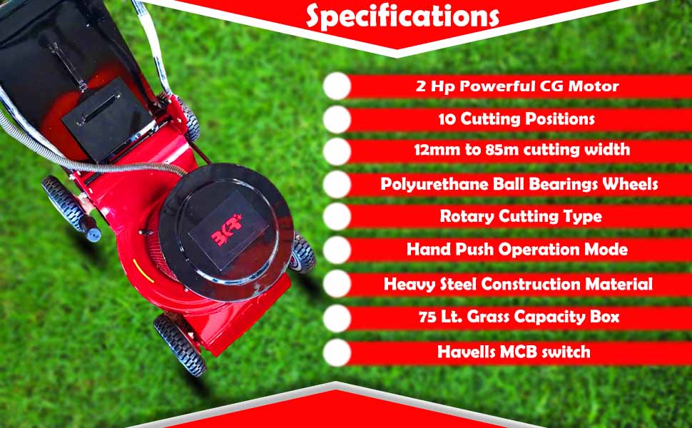 BKR Heavy-Duty Electric Lawn Mower with 2 HP CG Motor, 17-Inch Precision Cutting Width, Large 75L Grass Collection Box, 10 Level Height adjustments with 6 Months Manufacturer Warranty- LG1008 detail 2