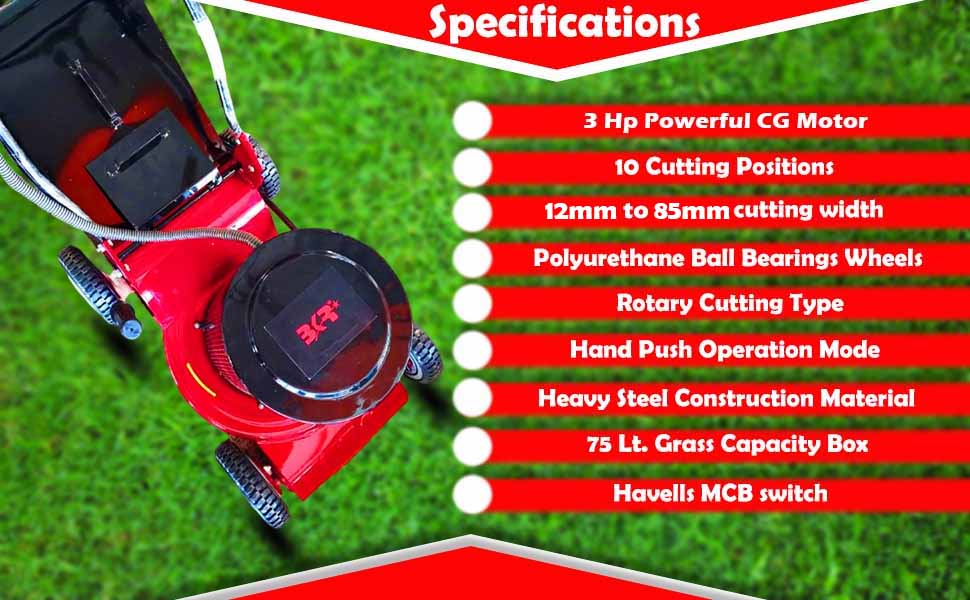 BKR 22inch Electric Lawn Mower Rotary Type- 3Hp CG Motor | 12-85mm Cutting Width | 75lt Grass Tank | 10 Cutting Height adjustments with 6 Months Warranty| 25m extension wire FREE - LG1009 detail 2